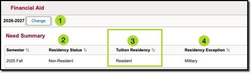 Financial aid tile showing aid year and need summary for military residency