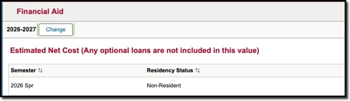 Financial Aid summary showing Estimated Net Cost header and residency status for a non-resident